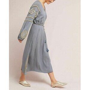 Anthropologie Dress Tunic Large Petite Gray V-Neck Beaded Belted Midi Boho